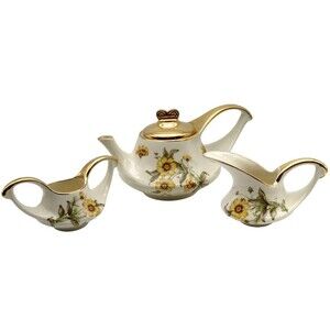 Vintage Art Deco Tea Set Warranted 22kt Gold Gilded Teapot Sugar Creamer